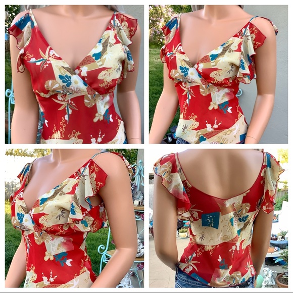 VTG Sm/Med 6 Crop Top Sheer Flutter Sleeve Blouse - Picture 6 of 8